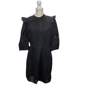 Whistles Black Broderie Eyelet Dress Frill Shoulder Zip US 12 Cotton lined